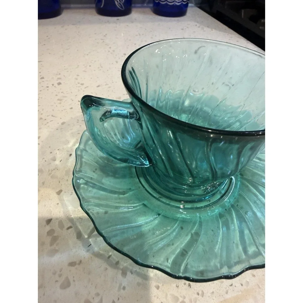 Jeannette Swirl Ultramarine Teal Tea Cup And Saucer Mid Century Depression Glass